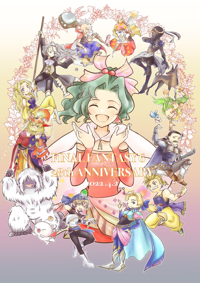 3girls 6+boys :d abs asami2692 baggy_pants bird black_coat black_pants blue_bird blue_eyes blue_hair boots brown_footwear celes_chere clenched_teeth coat commentary_request cyan_garamonde dog edgar_roni_figaro envelope facial_hair fang fangs final_fantasy final_fantasy_vi flower_wreath gau gogo gradient_background green_hair grey_hair hair_intakes high_heel_boots high_heels highres holding holding_staff interceptor_(ff6) locke_cole long_hair mask mature_male moogle multi-tied_hair multicolored_background multiple_boys multiple_girls mustache old old_man one_eye_closed open_mouth pants purple_background relm_arrowny sabin_rene_figaro setzer_gabbiani shadow_(ff6) sheath sheathed sitting smile staff strago_magus sword teeth tina_branford umaro weapon white_footwear white_fur white_hair yellow_background yellow_pants