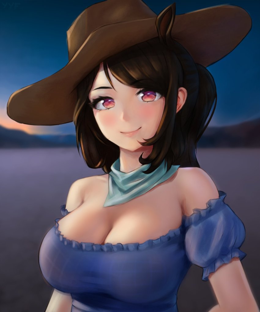 1girl aqua_bandana bare_shoulders black_hair blurry blurry_background breasts brown_hat cleavage closed_mouth commentary cowboy_hat english_commentary frilled_sleeves frills hat highres kurokoma_saki large_breasts long_hair looking_at_viewer off_shoulder outdoors red_eyes smile solo touhou upper_body yyf_(seaknight)