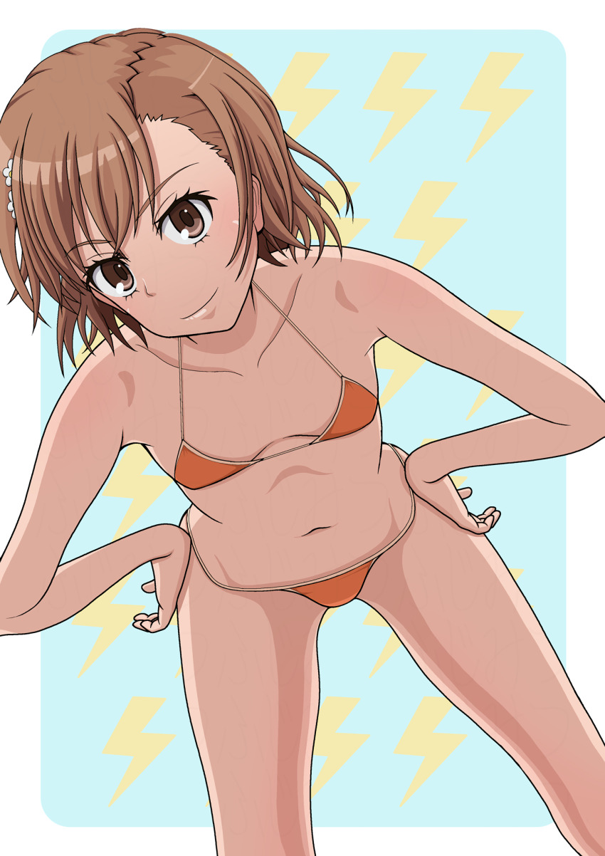 1girl bikini breasts brown_eyes brown_hair cleavage hands_on_own_hips highres leaning_forward legs medium_hair misaka_mikoto navel orange_bikini small_breasts smile solo swimsuit thighs toaru_kagaku_no_railgun toaru_majutsu_no_index