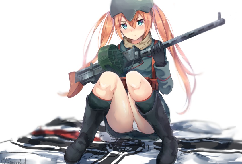 &gt;:( 1girl battlefield_(series) battlefield_1 black_boots black_gloves blue_eyes boots commentary_request female_focus flag frown germany gloves gun helmet holding holding_gun holding_weapon jacket karo-chan knee_boots knees_up long_hair long_sleeves machine_gun military military_uniform orange_hair original panties pantyshot simple_background sitting solo twintails twitter_username underwear v-shaped_eyebrows weapon weapon_request white_background white_panties world_war_i