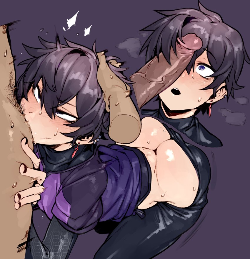 2boys :o absurdres black_nails blush clothed_male_nude_male clothed_sex deepthroat doppel_(bonnypir) ear_piercing faceless faceless_male fellatio hand_on_another&#039;s_face highres huge_penis indie_virtual_youtuber male_focus male_pubic_hair multiple_boys nail_polish nude open_mouth oral penis piercing pubic_hair purple_background purple_eyes purple_hair short_hair shoto_(vtuber) simple_background surprised uncensored veins veiny_penis virtual_youtuber yaoi
