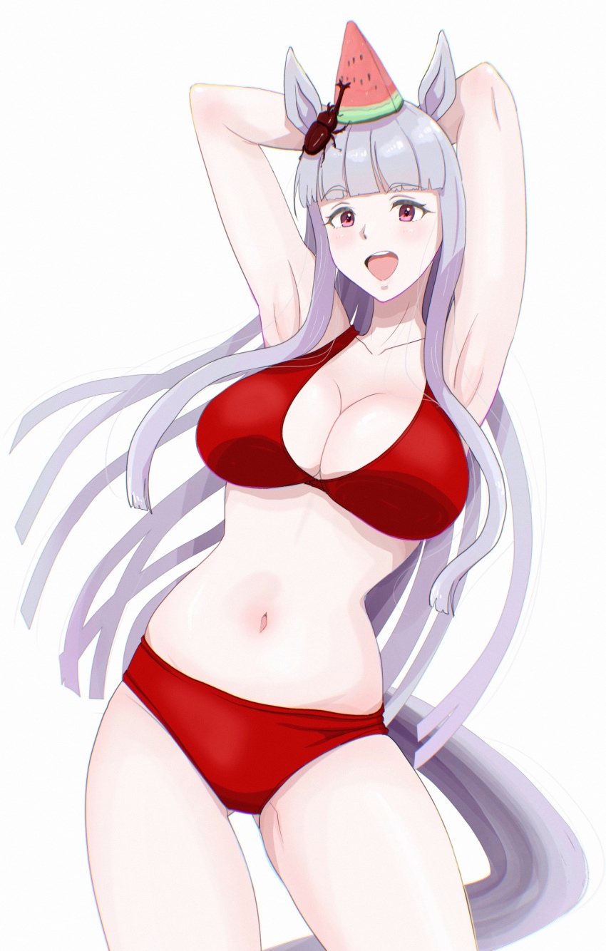 1girl absurdres alternate_costume animal_ears armpits arms_behind_head arms_up beetle bikini breasts bug cleavage collarbone commentary_request food fruit gluteal_fold gold_ship_(umamusume) highres horse_ears horse_girl horse_tail insect large_breasts long_hair navel open_mouth osage_gankyou purple_eyes red_bikini rhinoceros_beetle simple_background smile solo stomach swimsuit tail umamusume very_long_hair watermelon watermelon_slice white_background