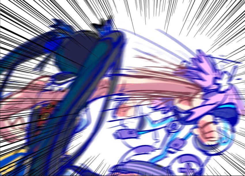 2girls annoyed black_hair breasts hair_ribbon highres hood hoodie large_breasts legs long_hair motion_blur motion_lines multiple_girls neptune_(neptunia) neptune_(series) noire_(neptunia) open_mouth punching purple_hair ribbon short_hair sideboob thighs tongue twintails