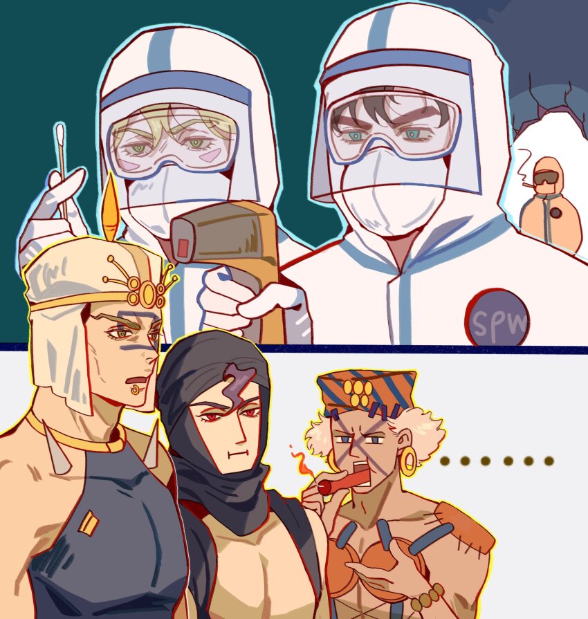 ... 1girl 2koma 5boys :i anachronism battle_tendency blue_eyes caesar_anthonio_zeppeli comic cotton_swab dynamite esidisi explosive facial_mark green_eyes hair_strand hat hazmat_suit highres holding holding_thermometer infrared_thermometer jo_jun jojo_no_kimyou_na_bouken joseph_joestar joseph_joestar_(young) kars_(jojo) lip_piercing lip_ring lisa_lisa male_focus mask multiple_boys muscular muscular_male parody piercing purple_hair smoking sunglasses thermometer turban wamuu white_hair