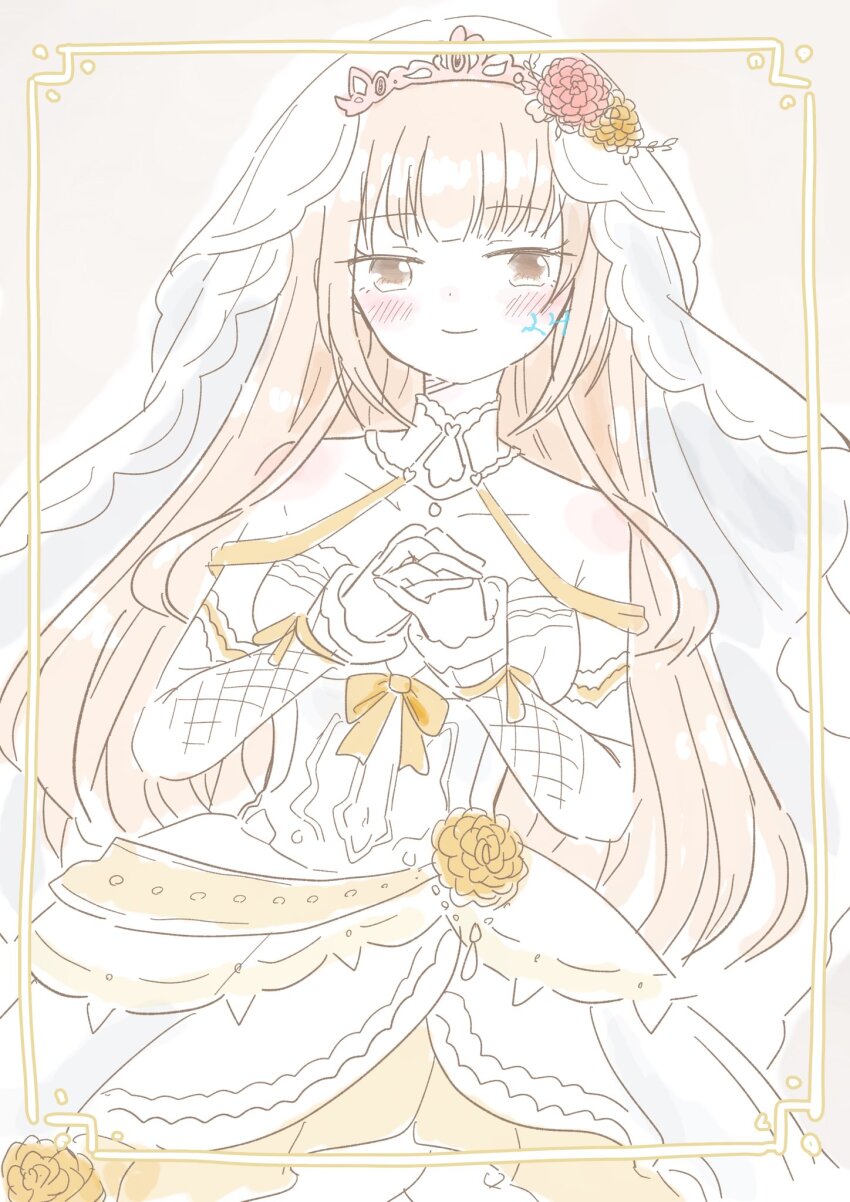 1girl artist_name assault_lily bare_shoulders blush bow breasts bridal_veil bride brown_background brown_eyes brown_hair carnation closed_mouth clothing_cutout collar commentary_request cowboy_shot detached_sleeves dress dress_bow dress_flower flower fumi_(fumifumi3axl) hair_flower hair_ornament highres inset_border interlocked_fingers long_hair long_sleeves looking_at_viewer medium_breasts navel official_alternate_costume official_alternate_hairstyle orange_bow orange_flower orange_ribbon outside_border own_hands_clasped own_hands_together pink_carnation pink_flower ribbon simple_background sleeves_past_wrists smile solo standing stomach_cutout strapless strapless_dress tada_shiera tiara veil very_long_hair wedding_dress white_collar white_dress white_veil