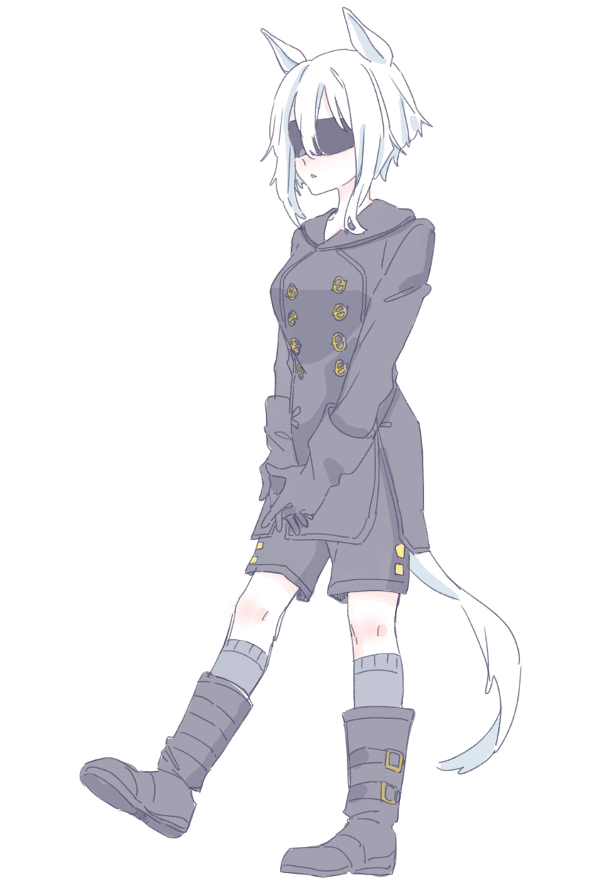 1girl absurdres animal_ears black_boots black_gloves black_jacket black_shoes blindfold boots character_request check_character full_body gloves grey_socks hair_between_eyes highres horse_ears horse_girl horse_tail jacket own_hands_together parted_lips seila_rei seiun_sky_(umamusume) shoes simple_background socks solo tail umamusume walking white_background white_hair