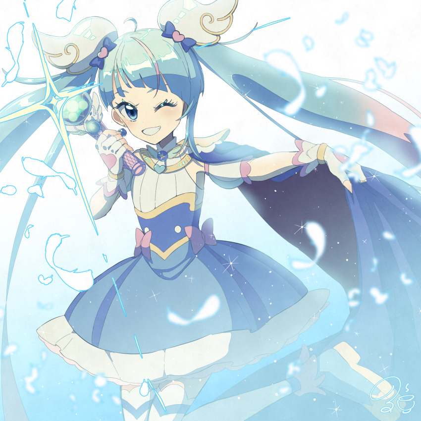 1girl ankle_boots artist_name blue_boots blue_cape blue_dress blue_eyes blue_hair boots bow cape cape_lift commentary cure_sky cut_bangs detached_sleeves diffraction_spikes dress dress_bow earrings feathers fingerless_gloves frilled_dress frills gloves gradient_hair grin hair_ornament highres hirogaru_sky!_precure holding holding_wand jewelry leg_up long_hair looking_at_viewer magical_girl medium_dress multicolored_hair norwo724 one_eye_closed pink_bow pink_hair precure puffy_detached_sleeves puffy_sleeves red_cape signature single_sidelock sky_mirage sleeveless sleeveless_dress smile solo sora_harewataru sparkle standing standing_on_one_leg streaked_hair thigh_boots thighhighs twintails two-sided_cape two-sided_fabric two-tone_dress two-tone_hair very_long_hair wand white_background white_boots white_dress white_feathers white_gloves white_thighhighs wing_hair_ornament