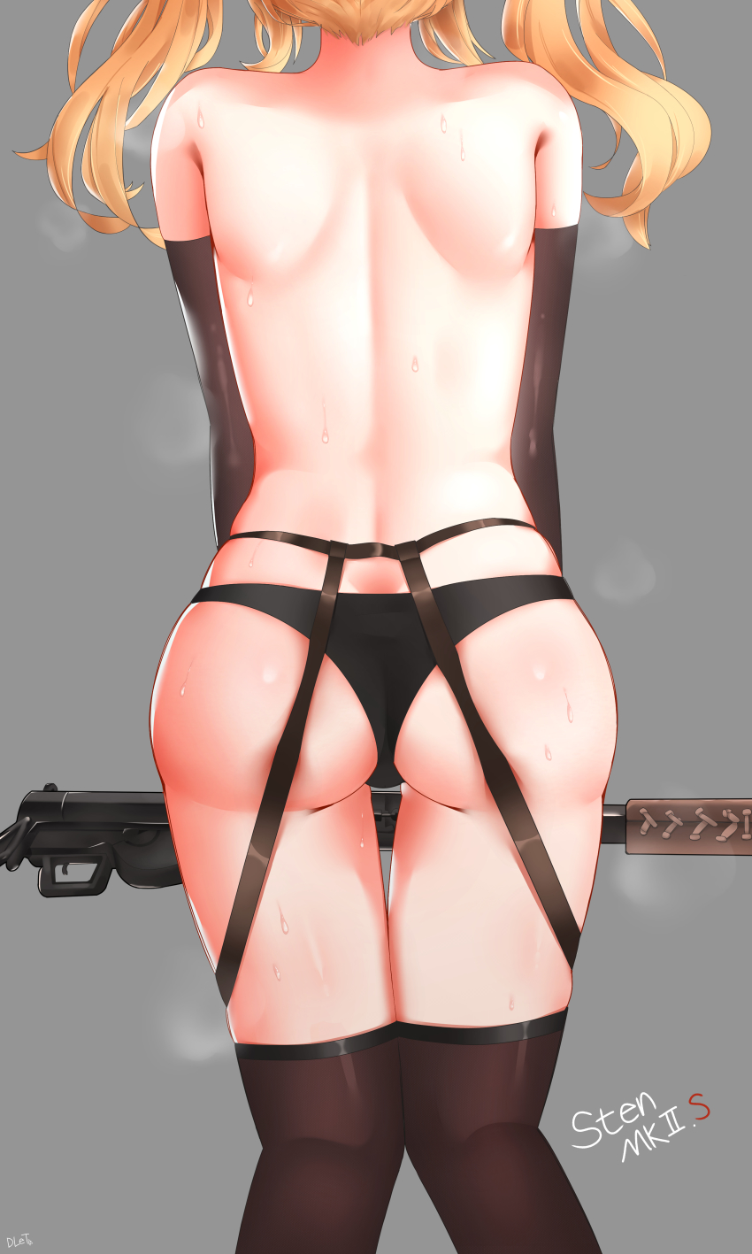 1girl absurdres ass ass_focus bad_id bad_pixiv_id black_panties blonde_hair butt_crack delete_(xxag4475) from_behind garter_belt girls&#039;_frontline highres knees_together_feet_apart long_hair panties skindentation solo steaming_body sten_gun sten_mkii_(girls&#039;_frontline) sweat thighhighs topless_female twintails underwear