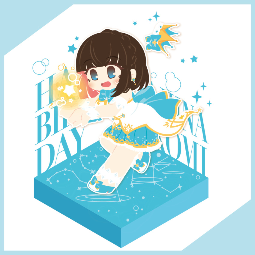 1girl asahina_kokomi battle_girl_high_school blue_eyes blue_shoes blue_skirt braid brown_hair character_name chibi chibi_only commentary_request constellation crown earrings full_body happy_birthday jewelry motyomi open_mouth pegasus_(constellation) perseus_(constellation) pleated_skirt shirt shoes short_hair skirt solo star_(symbol) white_shirt