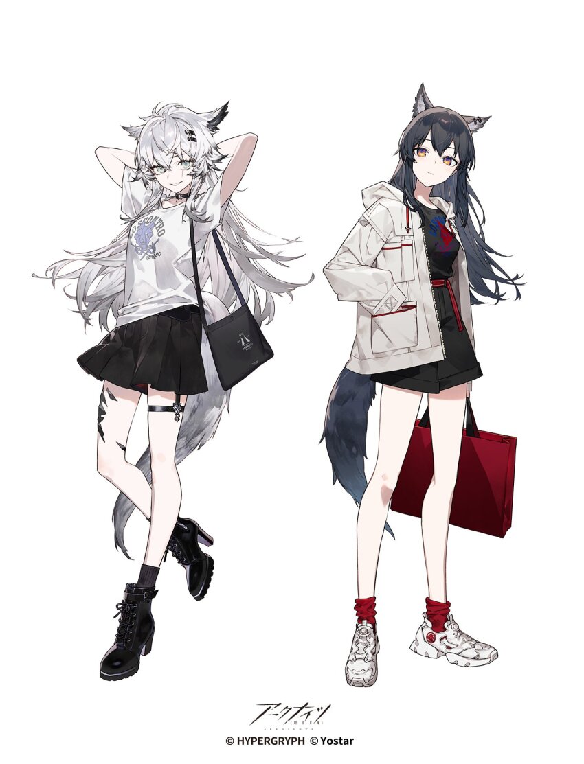 2girls ahoge alternate_costume animal_ear_fluff animal_ears arknights arms_behind_head bag black_choker black_hair blue_eyes boots casual choker copyright_name grey_eyes grey_hair grey_tail hair_between_eyes hair_ornament hairclip head_tilt high-waist_shorts high_heel_boots high_heels highres jacket lappland_(arknights) long_hair material_growth multiple_girls noco_(adamas) official_art open_clothes open_jacket oripathy_lesion_(arknights) rhodes_island_logo_(arknights) scar scar_across_eye scar_on_face shirt shoes shopping_bag short_sleeves shorts shoulder_bag sidelocks skort smile sneakers socks tail texas_(arknights) thigh_strap white_jacket white_shirt wolf_ears wolf_girl wolf_tail