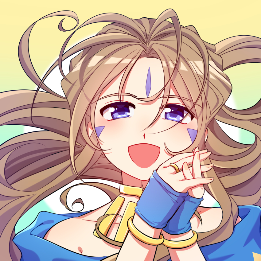 1girl aa_megami-sama bare_shoulders belldandy blue_dress blue_eyes blue_gloves bracelet brown_hair commentary dress eg_ergou facial_mark fingerless_gloves forehead_mark gloves highres jewelry light_blush long_hair looking_at_viewer necklace open_mouth ring smile solo