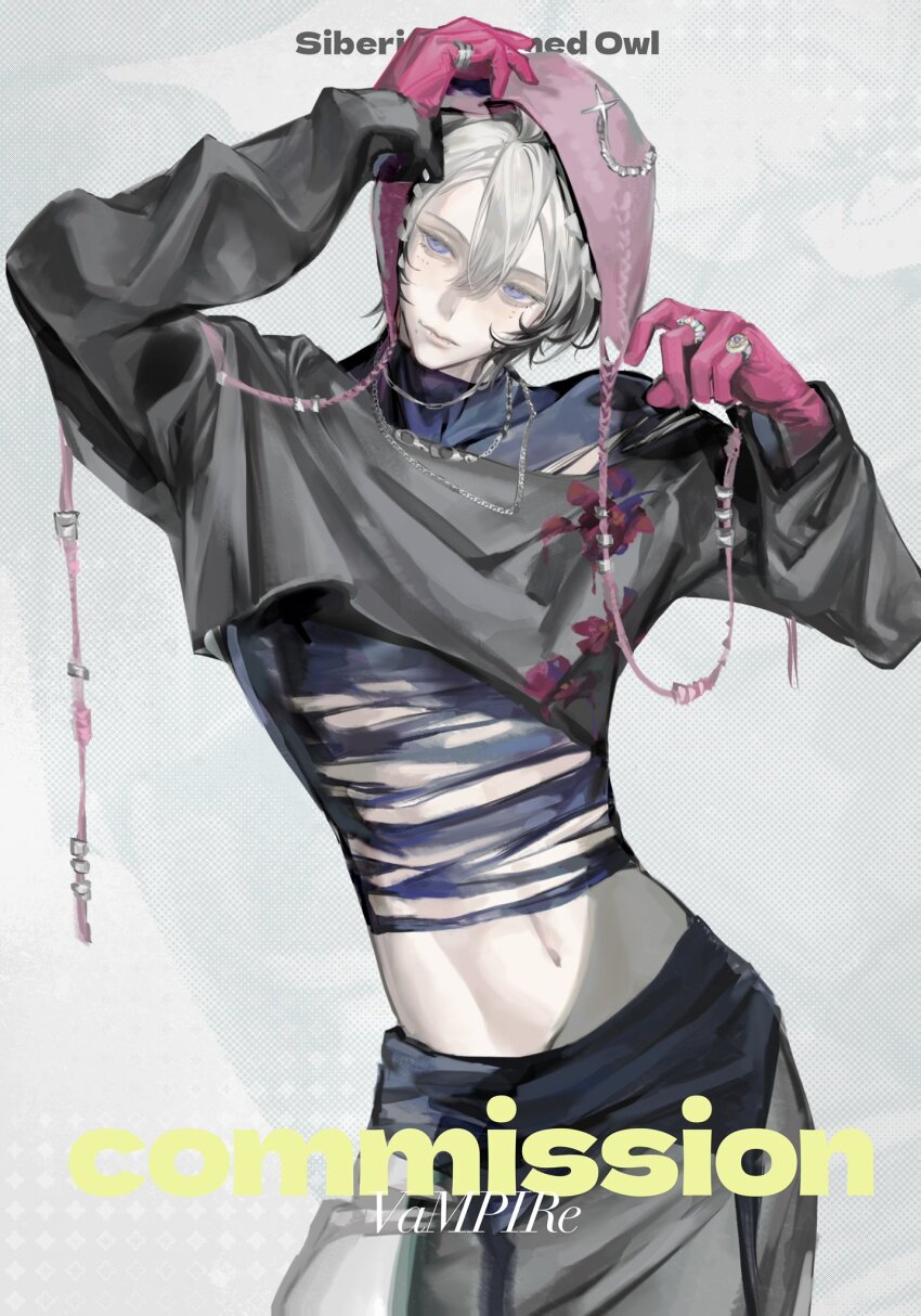 1boy black_shirt blue_eyes closed_mouth commission cowboy_shot english_text gloves grey_hair highres jewelry looking_to_the_side male_focus multiple_rings navel original pink_gloves ring shirt short_hair solo torn_clothes znzn1109zn