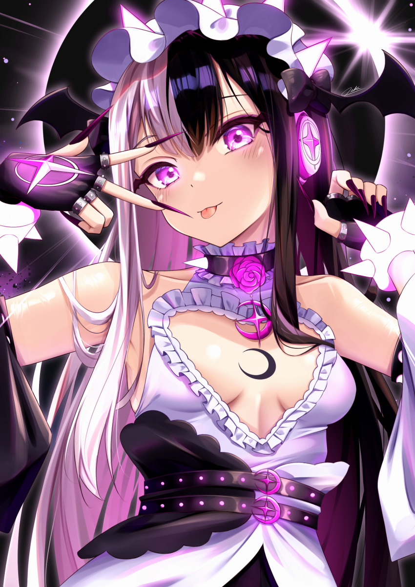 1girl absurdres beatmania_(series) beatmania_iidx belt bemani black_belt black_bow black_choker black_gloves black_hair black_nails black_wings blush bow bracelet breasts chest_tattoo choker cleavage_cutout closed_mouth clothing_cutout commentary crescent_tattoo eclipse fingerless_gloves fingernails flower frilled_hairband frilled_shirt frills gloves hair_bow hairband head_wings headphones heart_cutout highres jewelry long_hair looking_at_viewer multicolored_hair oukei pink_eyes pink_flower pink_rose rose sharp_fingernails shirt small_breasts smile solar_eclipse solar_eclipse_(bemani) solo spiked_bracelet spikes split-color_hair symbol-only_commentary tattoo tongue tongue_out upper_body very_long_fingernails very_long_hair white_hair white_shirt wings