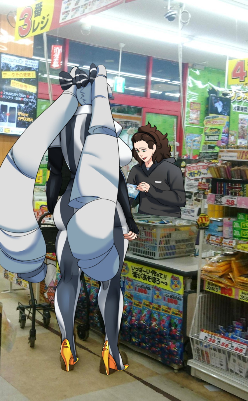 1boy 1girl absurdres ass black_bow black_hairband black_hoodie bokcutter bow breasts brown_hair commentary english_commentary gold_shoes grey_hair hair_bow hairband high_heels highres hood hood_down hoodie large_breasts long_hair looking_down meme original photo_background shoes striped_bodysuit striped_bow tall_lady_shopping_in_japanese_store_(meme) twintails very_long_hair