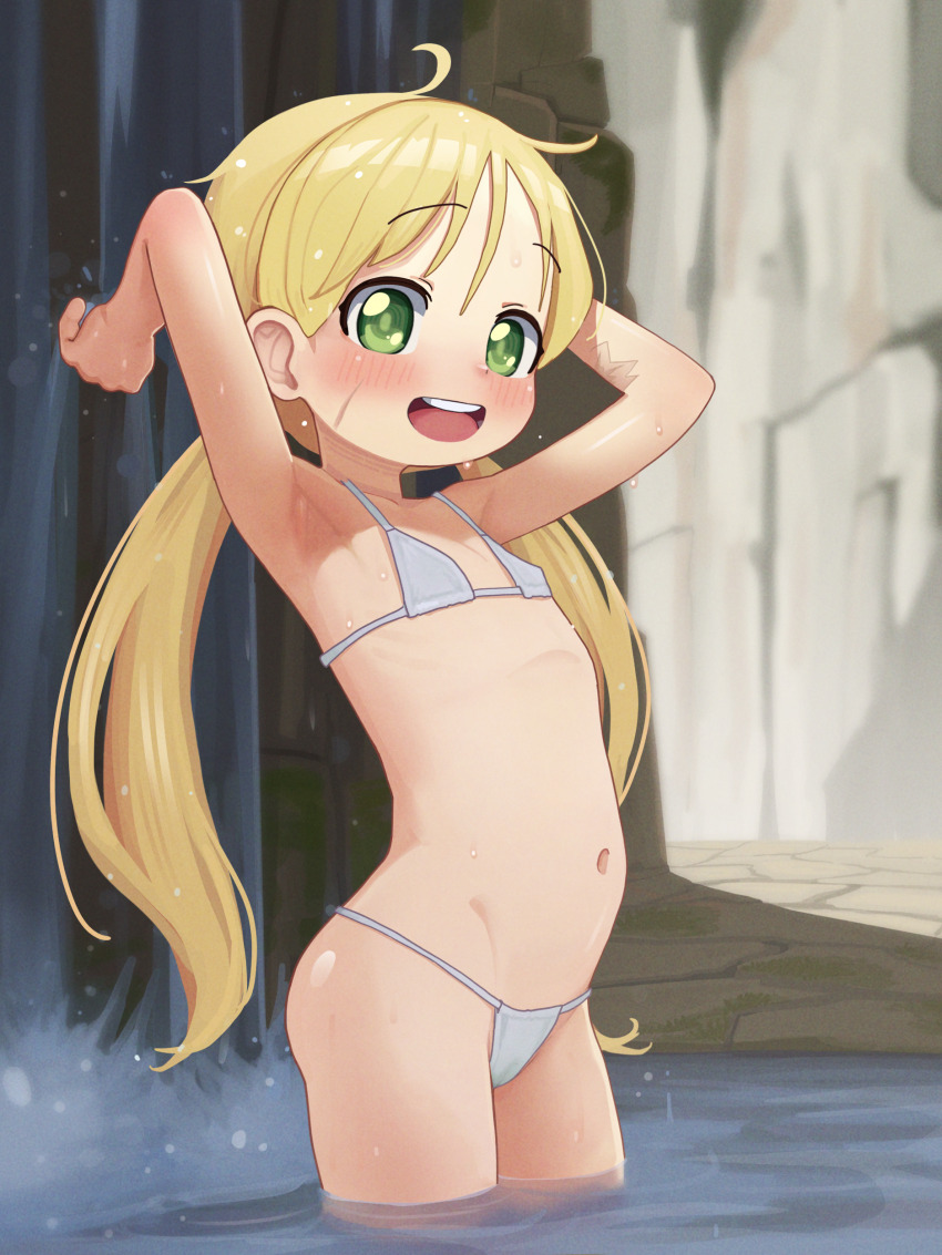 1girl 4th_lol :d absurdres armpits arms_up bikini blonde_hair blush commentary commission english_commentary facial_scar flat_chest green_eyes highres large_variant_set loli long_hair looking_at_viewer made_in_abyss navel open_mouth pixiv_commission riko_(made_in_abyss) scar scar_on_cheek scar_on_face smile solo string_bikini swimsuit teeth twintails upper_teeth_only variant_set very_long_hair wading water waterfall white_bikini