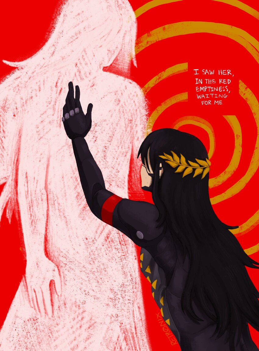 2girls android ariane_yeong black_hair commentary english_commentary english_text falke_(signalis) halo highres laurel_crown long_hair multiple_girls retr0nix signalis silhouette