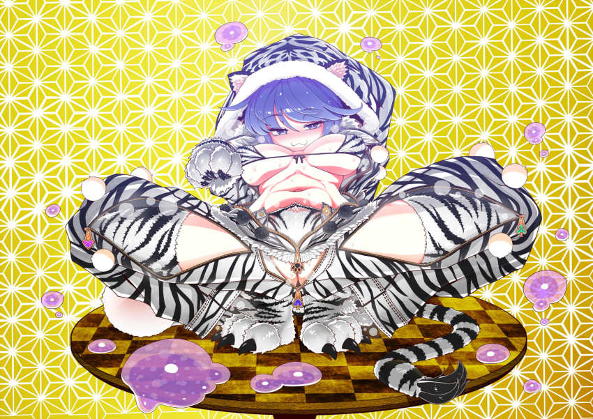 1girl 2022 :3 animal_ears animal_hands animal_print arm_support beckoning blob blue_eyes blue_hair blush breasts breasts_apart claws commentary_request doremy_sweet dream_soul fake_animal_ears fur_trim highres looking_at_viewer m_legs medium_breasts navel nengajou new_year open_mouth patterned_clothing presenting solo spread_legs steam stomach tail thighhighs thighs tiger tiger_ears tiger_print tiger_tail touhou yassy zipper_pull_tab