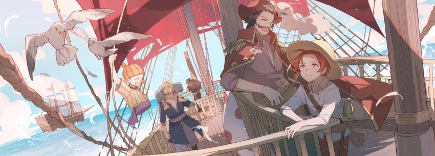 aged_down bird black_hair blonde_hair blue_sky buggy_the_clown cloud coat collared_coat commentary_request epaulettes facial_hair goatee gol_d._roger hat highres looking_up mustache ocean on_shoulder one_piece orange_hat pink_shirt pirate_hat pirate_ship ratline red_coat red_hair red_nose scopper_gaban seagull shanks_(one_piece) shirt shroud_(sailing) silvers_rayleigh sky smile sss_maro straw_hat