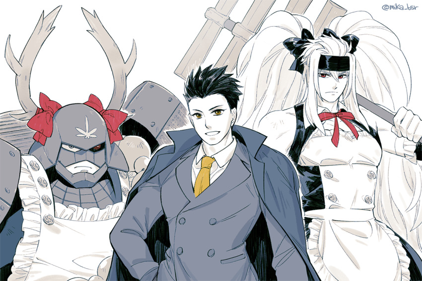 3boys bare_shoulders bow brown_eyes coat coat_on_shoulders collared_shirt crossdressing fake_antlers frown holding holding_weapon honda_tadakatsu_(sengoku_basara) jacket khirzava maid male_focus male_maid multiple_boys neck_ribbon necktie red_bow red_eyes red_ribbon ribbon sanada_nobuyuki_(sengoku_basara) sengoku_basara shirt simple_background spot_color tokugawa_ieyasu_(sengoku_basara) twitter_username upper_body weapon white_background yellow_necktie