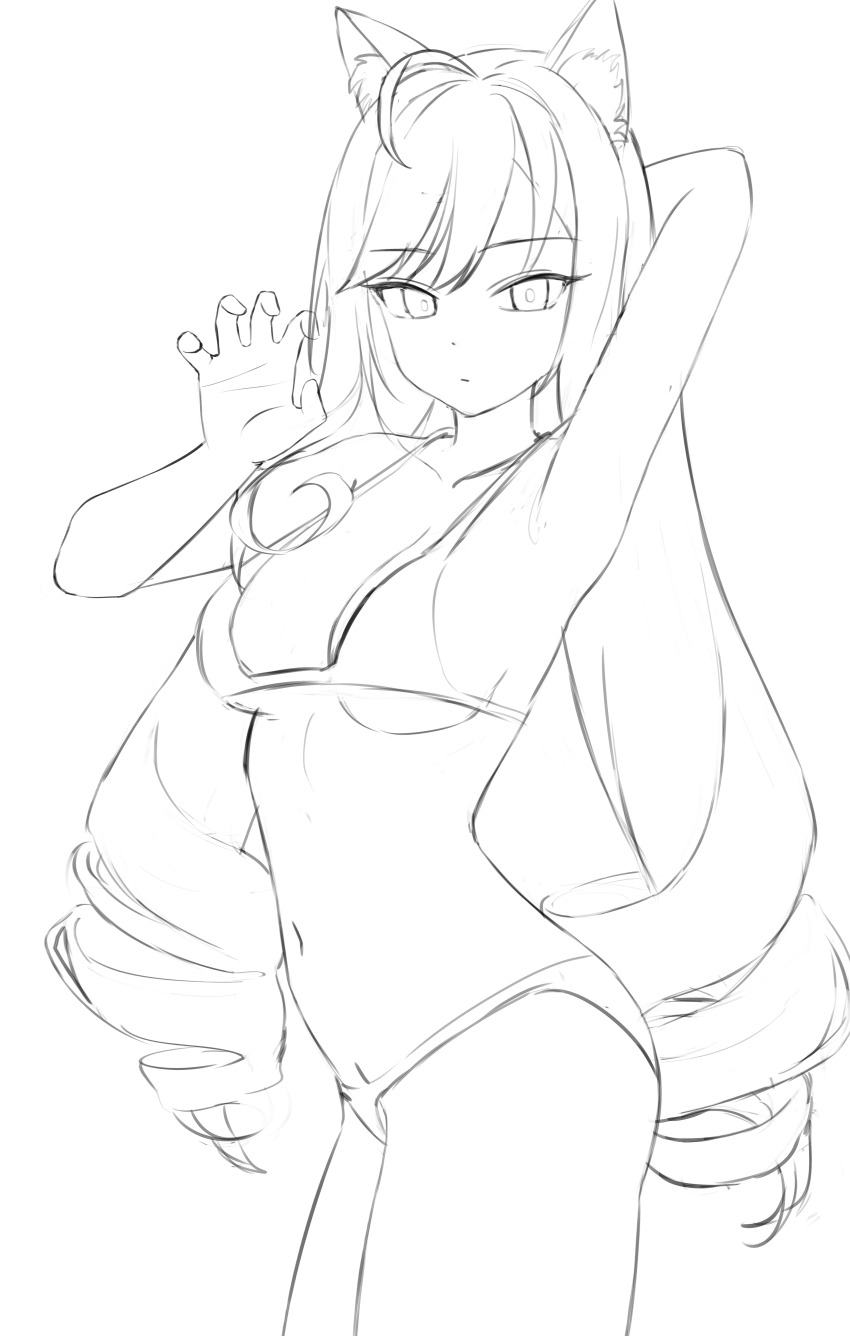 1girl absurdres ahoge animal_ears arm_behind_head arm_up armpits bikini breasts cat_ears claw_pose cleavage cowboy_shot expressionless greyscale highres kemonomimi_mode long_hair looking_at_viewer medium_breasts monochrome navel ringlets seungju sketch solo swimsuit unfinished very_long_hair vivian_(zenless_zone_zero) zenless_zone_zero