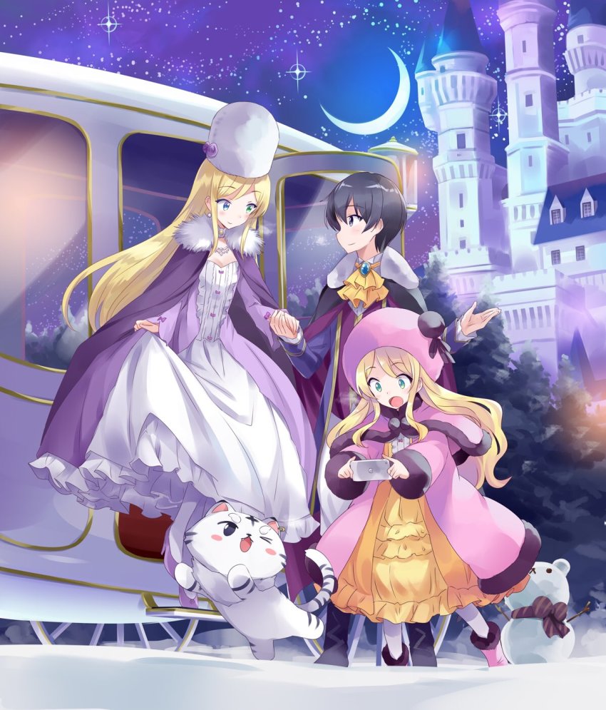 1boy black_eyes black_hair blonde_hair blue_eyes blush breath cape castle cellphone coat green_eyes highres holding holding_hands isekai_wa_smartphone_to_tomo_ni. kohaku_(isekai_wa_smartphone_to_tomo_ni.) long_hair mochizuki_touya multiple_girls night novel_illustration official_art open_mouth outdoors phone skirt skirt_hold sky smartphone smile snow snowing snowman soucie_elnea_ortlinde star_(sky) starry_sky usatsuka_eiji winter winter_clothes yumina_elnea_belfast