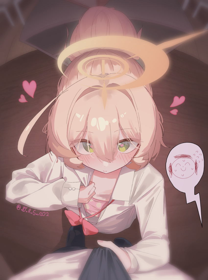 1boy 1girl absurdres black_necktie blue_archive blush bow bowtie buttoned_cuffs buttons camisole classroom closed_mouth collared_shirt commentary doodle_sensei_(blue_archive) dorusan_02 dot_nose english_commentary green_eyes hair_between_eyes hair_bun halo heart heart-shaped_pupils heart_in_eye highres loli long_hair long_sleeves looking_at_viewer loose_bowtie necktie open_clothes pink_bow pink_bowtie polka_dot polka_dot_camisole ponytail pov professor_niyaniya_(blue_archive) sensei_(blue_archive) shirt size_difference sleeve_cuffs speech_bubble symbol-shaped_pupils symbol_in_eye very_long_hair white_shirt yellow_halo