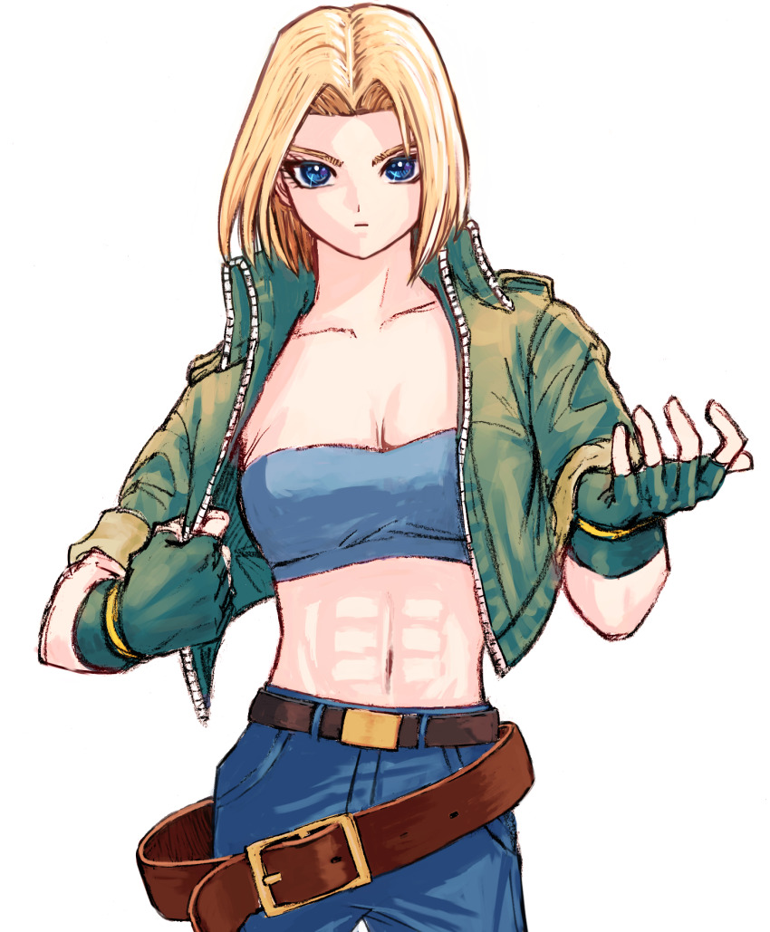 1girl abs bamboobamboo68 bare_shoulders belt black_belt blonde_hair blue_eyes blue_mary blue_pants blue_shirt breasts brown_belt crop_top denim fatal_fury fingerless_gloves gloves green_jacket highres jacket large_breasts looking_at_viewer midriff muscular navel oversized_belt pants parted_bangs serious shirt short_hair simple_background sleeveless sleeveless_shirt solo the_king_of_fighters