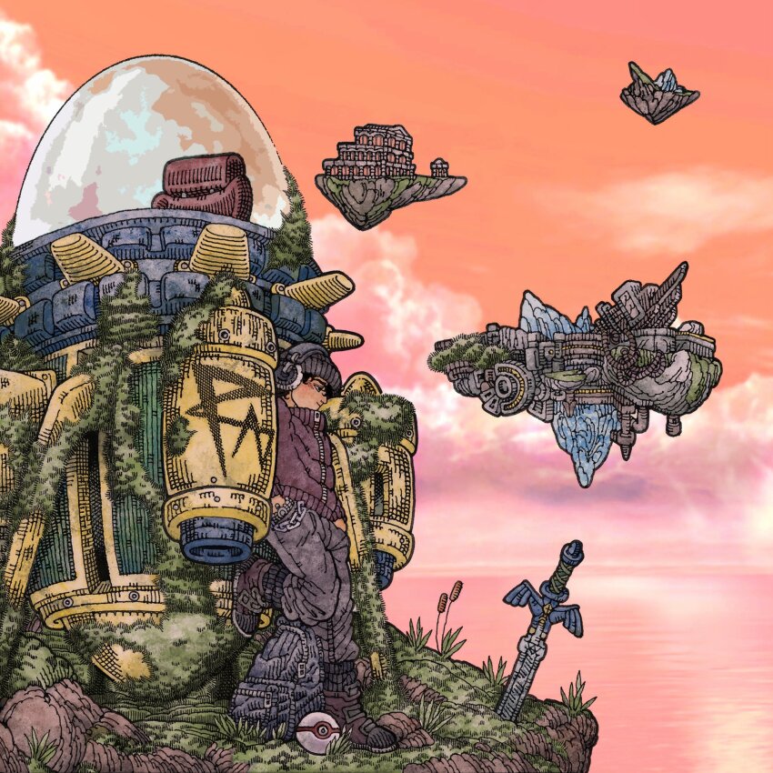 1other bag black_hair chain chloe.obj cloud copyright_request dragon_ball dragonball_z final_destination_(smash_bros) floating_island grass hands_in_pockets hat highres horizon jacket master_sword moss nintendo original poke_ball pokemon premier_ball seat smile solo super_smash_bros. the_legend_of_zelda zipper zipper_pull_tab