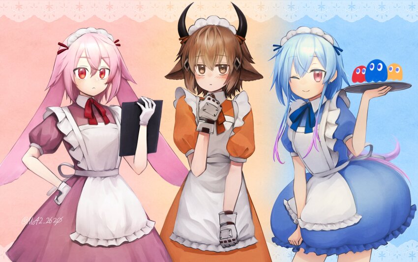 3boys :&lt; alternate_costume animal_ears ansel_(arknights) apron arknights artist_name bison_(arknights) blinky_(pac-man) blue_background blue_dress blue_hair blue_ribbon blush brown_eyes brown_hair clipboard closed_mouth clyde_(pac-man) commentary_request cow_boy cow_ears cow_horns crossdressing dress enmaided frilled_apron frills ghost gloves gradient_hair hair_between_eyes hand_on_own_hip hand_up highres holding holding_clipboard holding_tray horns inky_(pac-man) looking_at_viewer maid maid_apron maid_headdress male_focus mizuki_(arknights) moribe_denkou multicolored_hair multiple_boys neck_ribbon one_eye_closed orange_background orange_dress orange_ribbon pac-man_(game) pink_background pink_eyes pink_hair puffy_short_sleeves puffy_sleeves purple_dress purple_hair rabbit_boy rabbit_ears red_eyes red_ribbon ribbon short_hair short_hair_with_long_locks short_sleeves sidelocks signature simple_background smile trap tray twitter_username two-tone_hair white_apron white_gloves