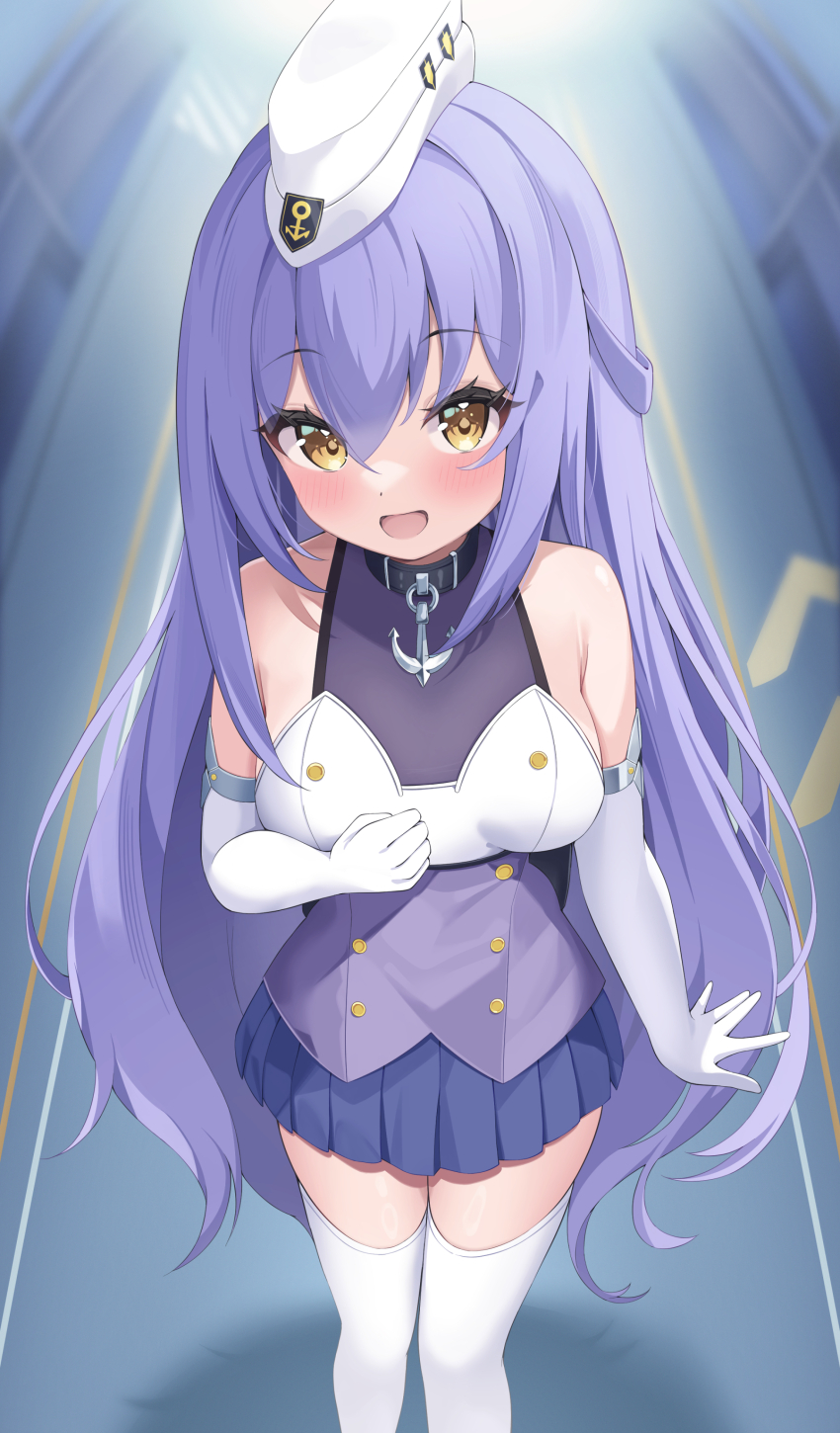 1girl :d absurdres anchor_choker armpit_crease azur_lane bare_shoulders blue_skirt blush breasts commentary_request dewey_(azur_lane) elbow_gloves elegant_(sumisumi4268) feet_out_of_frame from_above garrison_cap gloves hair_between_eyes hand_up hat highres long_hair looking_at_viewer open_mouth pleated_skirt purple_hair shadow shirt skirt sleeveless sleeveless_shirt smile solo standing thighhighs very_long_hair white_gloves white_hat white_thighhighs yellow_eyes
