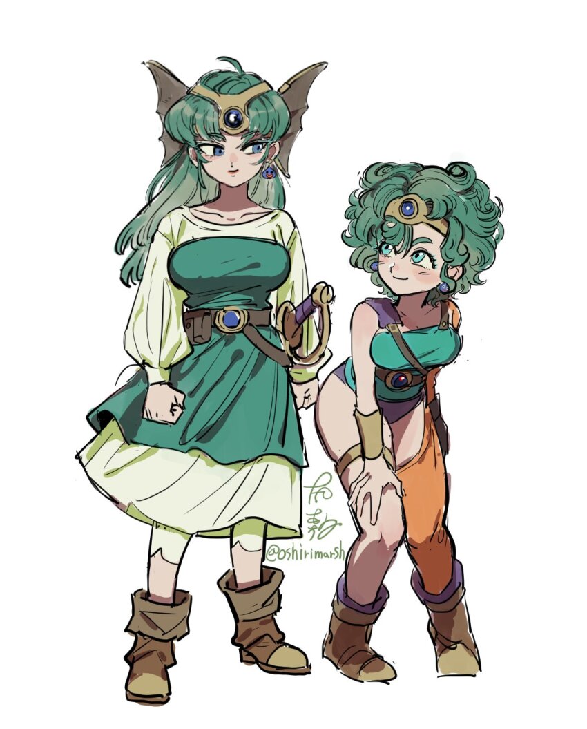 2girls aqua_eyes asymmetrical_clothes belt blue_eyes blue_gemstone blue_leotard boots breasts brown_footwear circlet curly_hair dancho_no_mori dragon_quest dragon_quest_iv dress dual_persona earrings eye_contact fake_head_wings fake_wings forehead_jewel full_body gem genderswap genderswap_(mtf) green_dress green_hair green_leotard head_wings hero_(dq4) heroine_(dq4) highres jewelry knees_together_feet_apart leaning_forward leotard long_hair long_sleeves looking_at_another multiple_girls orange_sleeves puffy_long_sleeves puffy_sleeves sheath sheathed short_hair single_bare_shoulder single_pantsleg single_sleeve smile standing strapless strapless_dress sword thighlet weapon white_dress wings