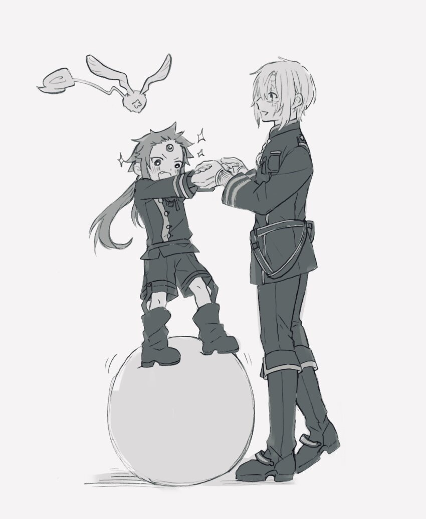 2boys allen_walker balancing ball belt black_coat black_footwear black_order_uniform black_pants black_shorts blush boots child coat creature d.gray-man facial_mark fang gloves golem_(d.gray-man) grey_background greyscale helping highres holding_hands knees long_hair looking_at_another looking_down low_ponytail military military_uniform monochrome multiple_boys open_mouth pants ponytail profile richiumu short_hair shorts smile striped_coat third_eye timcanpy timothy_hearst white_hair