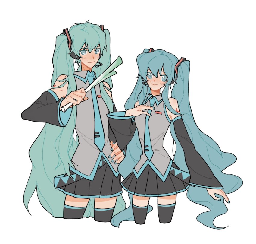 1boy 1girl aqua_eyes aqua_hair aqua_necktie bare_shoulders black_skirt breasts brother_and_sister cosplay crossdressing crossdressing_(mtf) detached_sleeves eirika_(fire_emblem) ephraim_(fire_emblem) fire_emblem fire_emblem:_the_sacred_stones hair_between_eyes hand_on_own_hip hatsune_miku hatsune_miku_(cosplay) headset highres julianlynnnn long_hair looking_at_viewer matching_outfits necktie nintendo siblings simple_background skirt sleeveless smile standing thighhighs twins twintails very_long_hair vocaloid white_background wig