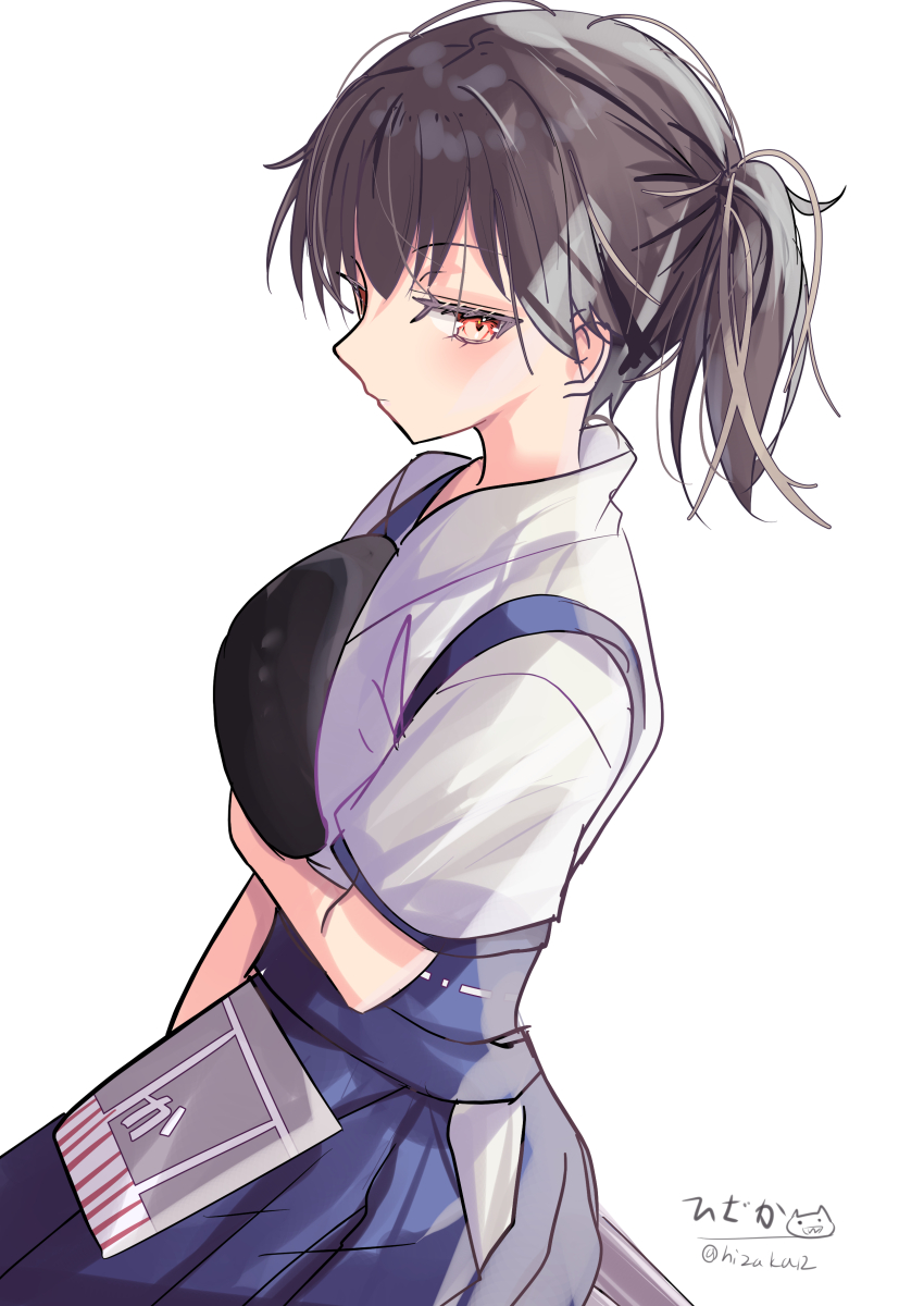 1girl absurdres black_hair blue_hakama hair_ribbon hakama highres hizaka japanese_clothes kaga_(kancolle) kantai_collection medium_hair muneate one-hour_drawing_challenge red_eyes ribbon side_ponytail sideways_glance skirt solo twitter_username