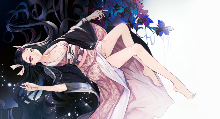1girl absurdres asa_no_ha_(pattern) black_hair breasts cleavage expressionless hand_up haori highres horns japanese_clothes kamado_nezuko kimetsu_no_yaiba kimono leaf long_hair looking_at_viewer medium_breasts obi pink_eyes print_kimono sash shan_gui_yu_yao sideways single_horn solo very_long_hair
