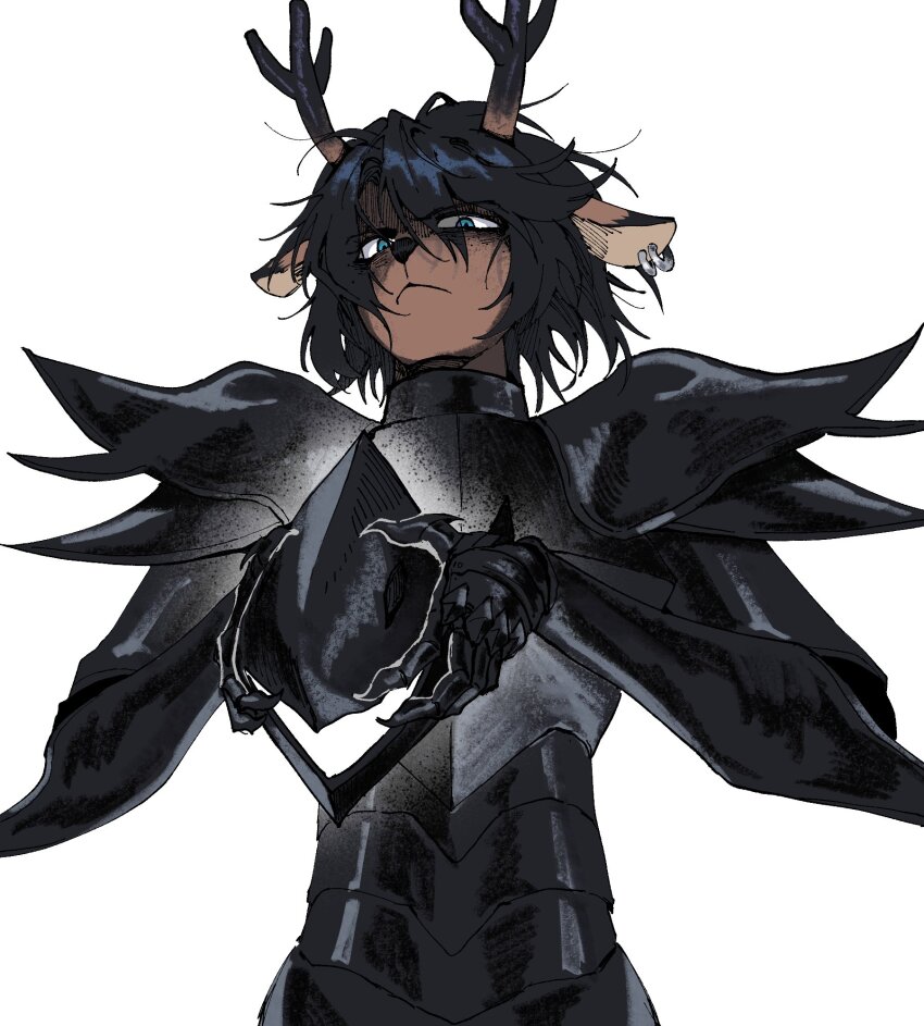 1girl animal_ears antlers armor black_armor black_hair black_horns blue_eyes commentary december_holiday deer_antlers deer_ears deltarune design_speculation earrings english_commentary furry furry_female helmet highres holding holding_helmet horns jewelry lina_gtk roaring_knight short_hair simple_background solo white_background