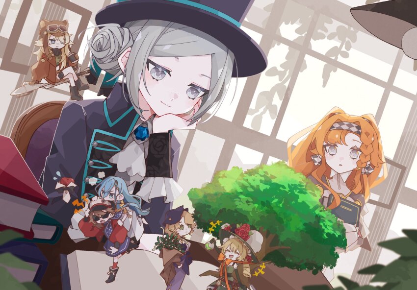 +++ 37_(reverse:1999) 6+girls :o apple apple_(reverse:1999) ascot biting black_coat black_hat blonde_hair blue_hair boater_hat book book_stack bouquet broom broom_riding brown_hair checkered_hairband coat collared_shirt druvis_iii dutch_angle flask flower food fruit grey_eyes grey_hair hair_bun hairband hand_on_own_cheek hand_on_own_face hat head_biting head_rest high_collar highres holding holding_book holding_bouquet holding_flask hugging_book hugging_object indoors lilya_(reverse:1999) long_hair looking_at_viewer looking_down mechanical_broom mini_person minigirl multiple_girls o_mgr6 orange_hair plant regulus_(reverse:1999) reverse:1999 round-bottom_flask shirt short_hair single_side_bun sitting smile sonetto_(reverse:1999) sotheby sunglasses table tree vertin_(reverse:1999) white_ascot white_shirt window