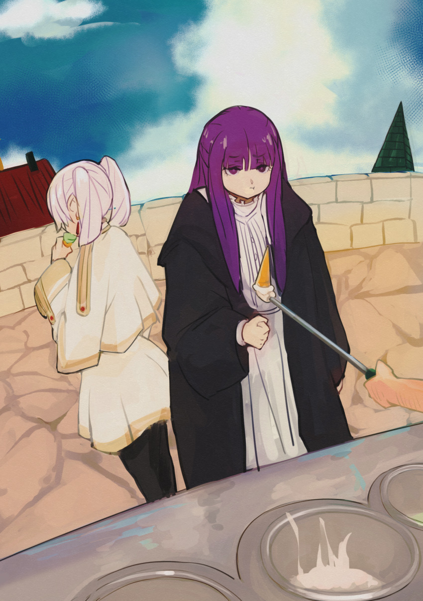 1other 2girls capelet closed_mouth cloud dondurma_(ice_cream) earrings eating elf fern_(sousou_no_frieren) frieren higemu highres holding holding_ice_cream_cone ice_cream_cone jewelry long_hair long_sleeves looking_at_another multiple_girls pantyhose pointy_ears pout purple_eyes purple_hair sky sousou_no_frieren stone_wall twintails white_hair