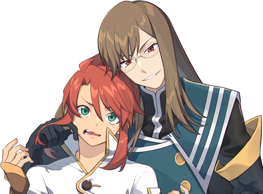 2boys blue_gloves blue_jacket brown_gloves brown_hair buttons commentary_request elbow_gloves fingerless_gloves glasses gloves green_eyes hair_between_eyes hand_on_another&#039;s_cheek hand_on_another&#039;s_face head_tilt height_difference highres jacket jade_curtiss long_hair luke_fon_fabre male_focus military_uniform multiple_boys open_mouth ou_negi parted_lips popped_collar red_eyes red_hair short_hair tales_of_(series) tales_of_the_abyss upper_body white_background white_jacket