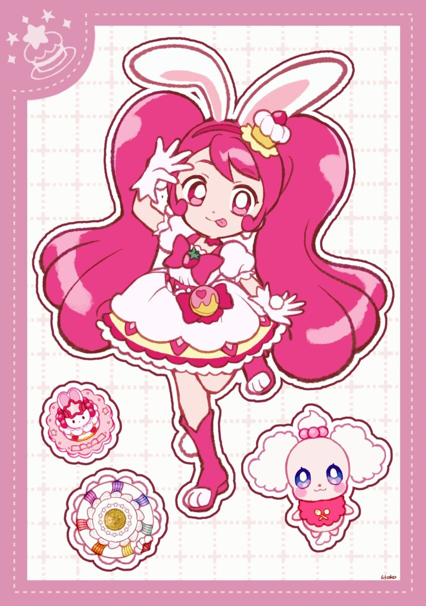 1girl :p animal_ears animal_shoes boots border bow bowtie choker closed_mouth compact_(cosmetics) cosmetics cupcake cure_whip deformed dog dot_nose dotted_line dress earrings floppy_ears food food-themed_clothes food-themed_hair_ornament food_print frilled_dress frilled_sleeves frills fruit_print full_body gloves grid_background hair_ornament hairband hand_on_own_head happy high_heel_boots high_heels highres jewelry kirakira_precure_a_la_mode knee_boots leg_up long_hair magical_girl outline pekorin_(precure) pink_bag pink_border pink_bow pink_bowtie pink_choker pink_eyes pink_hair pink_hairband pom_pom_(clothes) pom_pom_earrings precure puffy_short_sleeves puffy_sleeves rabbit_ears rabbit_girl short_dress short_sleeves sign signature smile square_neckline strawberry_brooch strawberry_print tareme tongue tongue_out twintails two-tone_bag usami_ichika uwded_207 very_long_hair waist_bag waist_bow wavy_hair white_background white_dress white_gloves white_outline yellow_bag