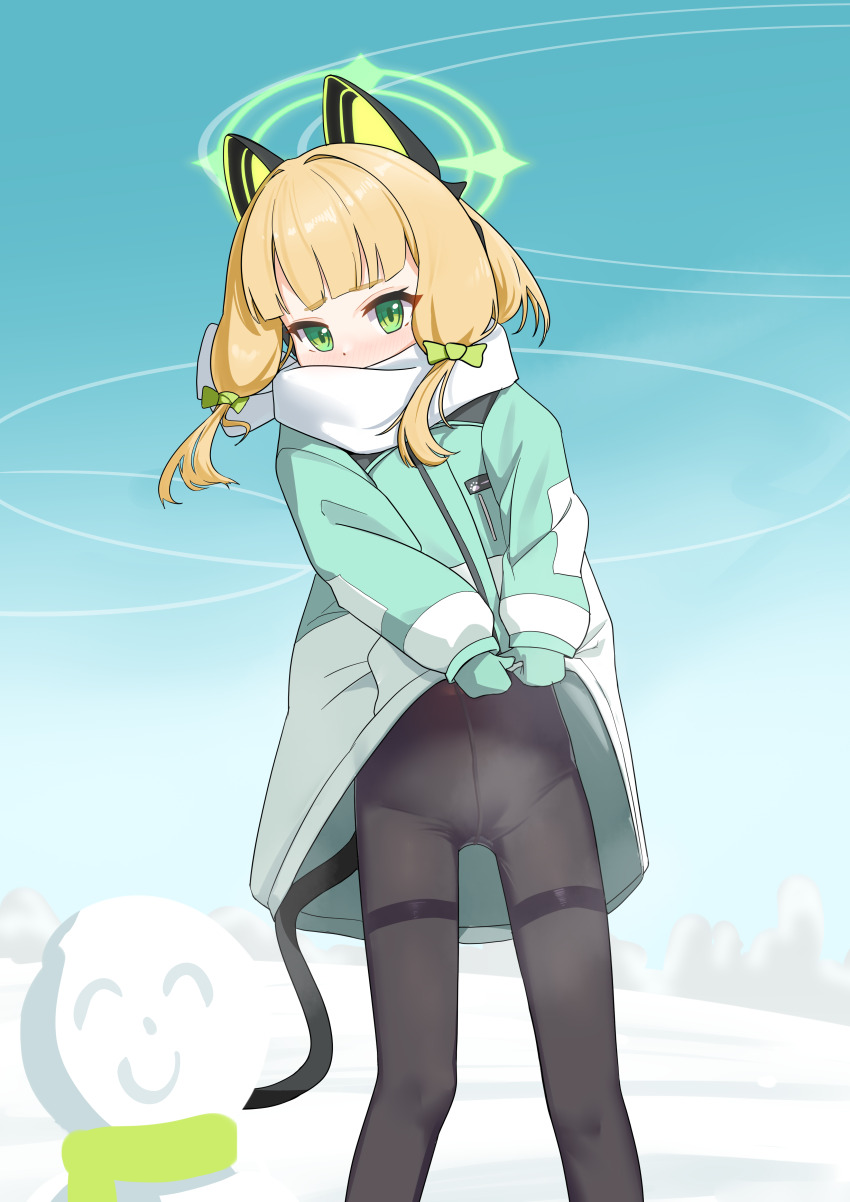 1girl absurdres animal_ear_headphones animal_ears black_pantyhose black_tail blonde_hair blue_archive blue_sky blunt_bangs blush bow cat_ear_headphones cat_ears cat_tail character_snowman chinese_commentary coat coat_lift commentary_request covered_mouth crotch_seam doodle_sensei_(blue_archive) eyes_visible_through_hair fake_animal_ears fake_tail feet_out_of_frame green_bow green_coat green_eyes green_halo green_mittens green_scarf hair_bow halo headphones highres knees lifting_own_clothes long_sleeves looking_at_viewer low-tied_sidelocks marshal_(artist) midori_(blue_archive) midori_(winter)_(blue_archive) mittens mixed-language_commentary multicolored_coat no_pants nose_blush official_alternate_costume outdoors pantyhose partial_commentary pigeon-toed puffy_long_sleeves puffy_sleeves scarf scarf_bow sensei_(blue_archive) short_hair sidelocks sky snow solo standing tail thighband_pantyhose white_coat white_scarf winter winter_clothes