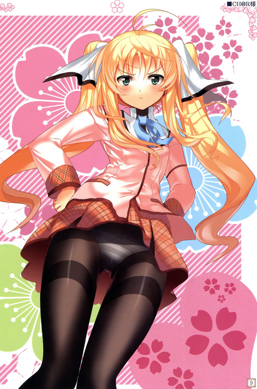 1girl :&lt; ahoge antenna_hair blonde_hair blush bow bow_panties char female_focus flower green_eyes hair_ribbon hands_on_own_hips highres long_hair lydie_de_le_fehver panties panties_under_pantyhose pantyhose pantyshot pink_theme plaid_clothes plaid_skirt ribbon sakura_tale school_uniform skirt solo striped_clothes striped_panties thighband_pantyhose twintails underwear very_long_hair