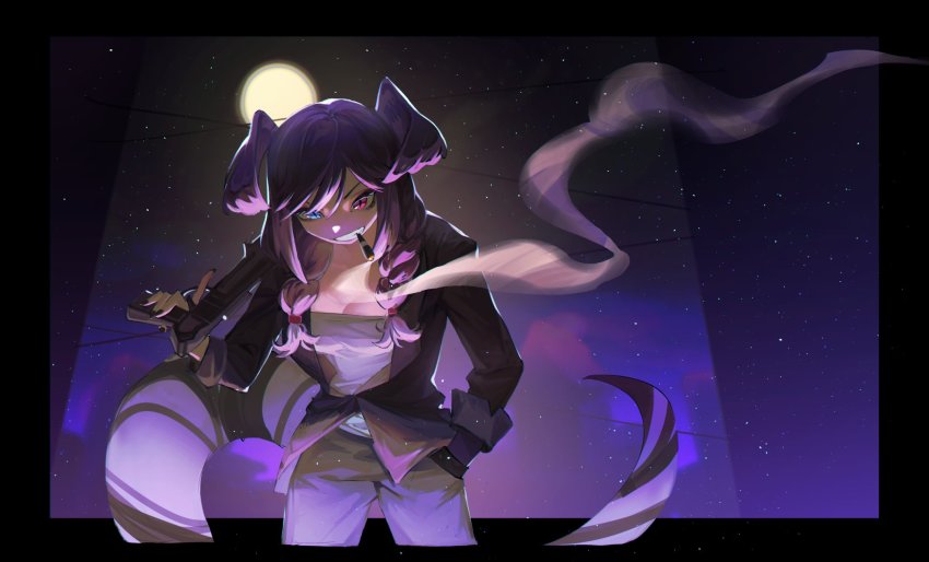 black_border black_nails black_shirt border braid breasts chinese_commentary cigar collared_shirt dragon_tail eyebrows_hidden_by_hair grey_pants gun hand_in_pocket head_wings heterochromia highres holding holding_gun holding_weapon in_mouth long_hair medium_breasts medium_hair miaomiao_(judy201130) moon nail_polish night night_sky nijisanji nijisanji_en outside_border over_shoulder pants purple_eyes purple_hair selen_tatsuki shirt sky smoking solo tail twin_braids v-shaped_eyebrows virtual_youtuber weapon weapon_over_shoulder wings