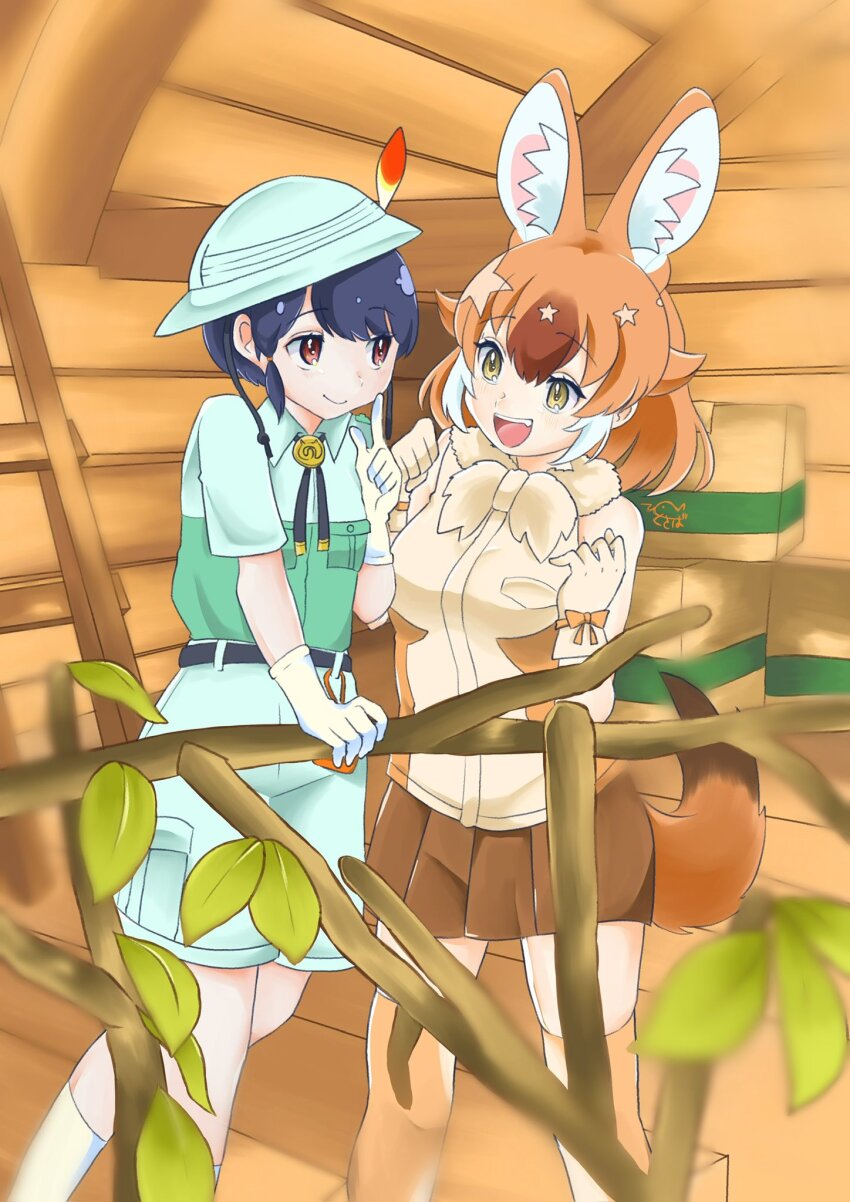 2girls animal_ears bare_shoulders black_hair blush bow bowtie brown_hair brown_shirt brown_skirt brown_thighhighs captain_(kemono_friends) collared_shirt dog_ears dog_girl dog_tail extra_ears fur_collar glove_bow gloves green_shirt grey_shorts hair_between_eyes highres kamisamanosaba kemono_friends kemono_friends_3 looking_at_another multicolored_hair multiple_girls open_mouth orange_eyes pleated_skirt shirt short_hair shorts sidelocks skirt sleeveless smile socks tail thighhighs two-tone_shirt white_bow white_bowtie white_fur white_gloves white_hair white_shirt white_socks yellow_eyes zettai_ryouiki