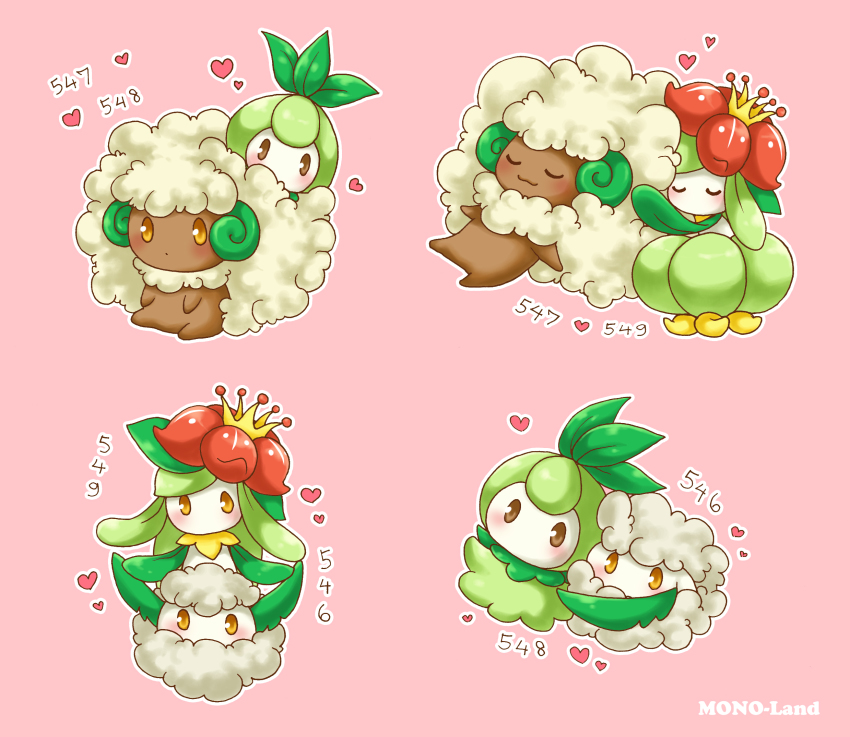 1girl blush cotton_ball cottonee creatures_(company) cuddling dark_skin evolution_line game_freak gen_5_pokemon grass heart highres lilligant millipen_(medium) mono_land nintendo pen_(medium) petilil pink_background pokedex_number pokemon pokemon_(creature) pokemon_bw power_connection simple_background sit_on_another&#039;s_hair traditional_media whimsicott