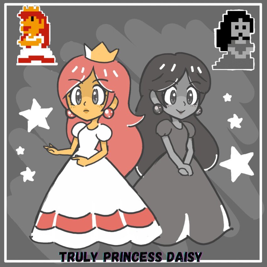 2girls artist_name black_hair crown dress earrings expressionless full_body grin handheld_game_console jewelry long_hair mario_(series) multiple_girls nintendo princess_daisy princess_peach puffy_short_sleeves puffy_sleeves red_hair retro_artstyle short_sleeves smile standing super_mario_bros._1 super_mario_land super_star_(mario) tomboy