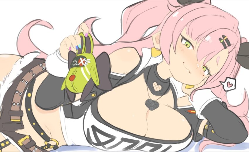1girl :3 asymmetrical_bangs bangboo_(zenless_zone_zero) belt black_jacket black_ribbon black_shorts black_sleeves breasts brown_belt cleavage clothing_cutout crop_top curtained_hair cutoffs earrings fishnet_cutout green_eyes hair_ornament hairclip hand_on_own_face heart heart_collar heart_cutout heart_earrings holding holding_stuffed_toy jacket jellcaps jewelry large_breasts light_blush long_hair long_sleeves looking_at_viewer lying micro_shorts midriff mole mole_under_eye navel nicole_demara o-ring o-ring_thigh_strap on_side open_fly parted_bangs pink_hair ribbon shirt shorts shoulder_cutout simple_background smug solo strapless stuffed_toy thigh_strap tube_top two_side_up white_background white_shirt white_tube_top white_wrist_cuffs wrist_cuffs zenless_zone_zero