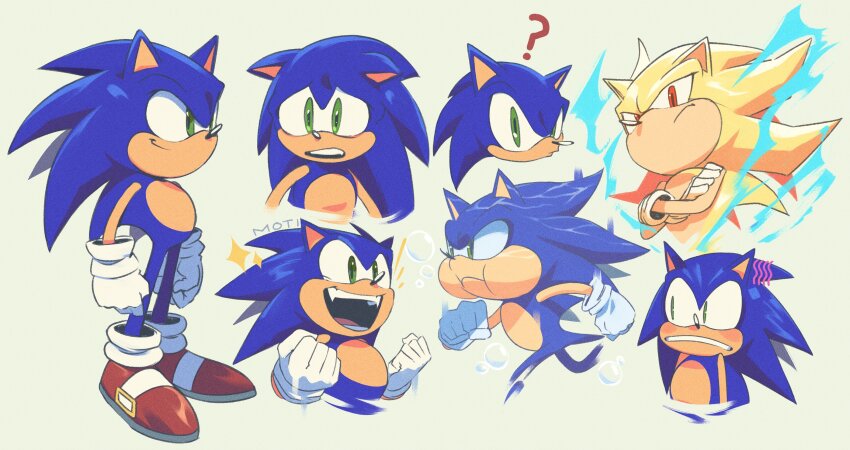 ? absurdres blue_fur clenched_hands clenched_teeth collage commentary crossed_arms derivative_work english_commentary gloves green_eyes highres red_eyes smile sonic_(series) sonic_adventure sonic_the_hedgehog super_sonic supsross teeth upper_body white_gloves