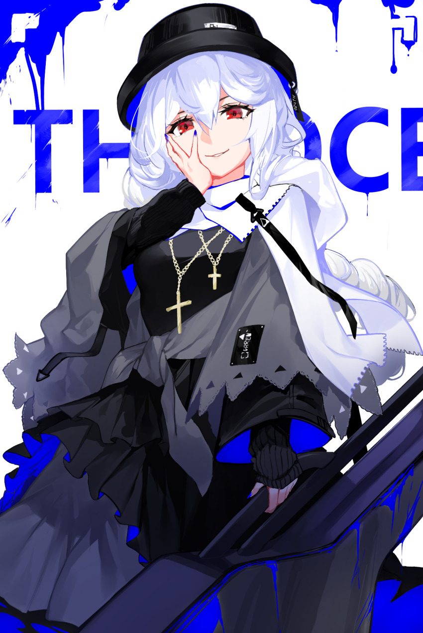 024th 1girl arknights black_dress black_hat blue_nails braid breasts chinese_commentary commentary_request cowboy_shot cross cross_necklace dress hair_between_eyes hand_on_own_cheek hand_on_own_face hand_up hat highres holding instrument_case jewelry long_hair long_sleeves looking_at_viewer nail_polish necklace official_alternate_costume parted_lips red_eyes scarf silver_hair simple_background smile solo specter_(arknights) specter_(undercurrent)_(arknights) white_scarf