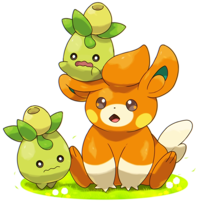 animal_focus black_sclera blush_stickers brown_eyes chromatic_aberration closed_mouth colored_sclera creatures_(company) dandelion flower full_body game_freak grass highres nintendo no_humans on_ground on_head open_mouth pawmi pokemon pokemon_(creature) pokemon_on_head rorosuke sitting smoliv spread_legs standing wavy_mouth white_eyes yellow_flower